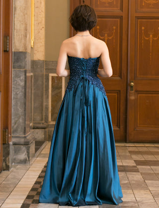 TWEED DRESS(ツイードドレス)のミッドナイトブルーロングドレス・タフタ｜TB1736-MBLの全身背面画像です。