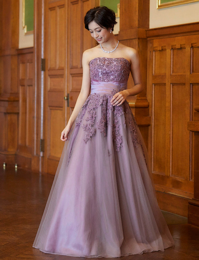 TWEED DRESS(ツイードドレス)のパープルグレーロングドレス・チュール｜TB1741-PEGYの全身正面画像です。