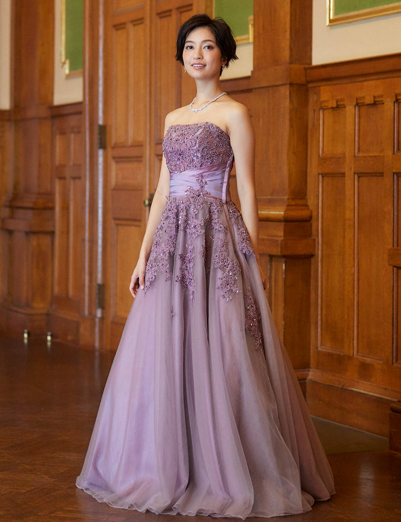 TWEED DRESS(ツイードドレス)のパープルグレーロングドレス・チュール｜TB1741-PEGYの全身斜め画像です。