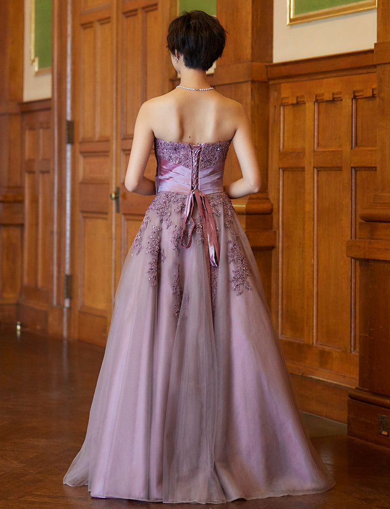 TWEED DRESS(ツイードドレス)のパープルグレーロングドレス・チュール｜TB1741-PEGYの全身背面画像です。