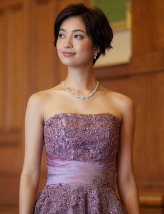 TWEED DRESS(ツイードドレス)のパープルグレーロングドレス・チュール｜TB1741-PEGYの上半身正面画像です。