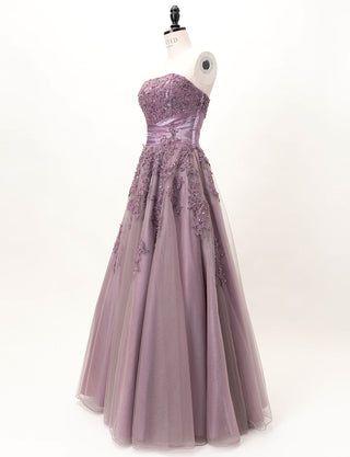 TWEED DRESS(ツイードドレス)のパープルグレーロングドレス・チュール｜TB1741-PEGYのトルソー全身斜め画像です。