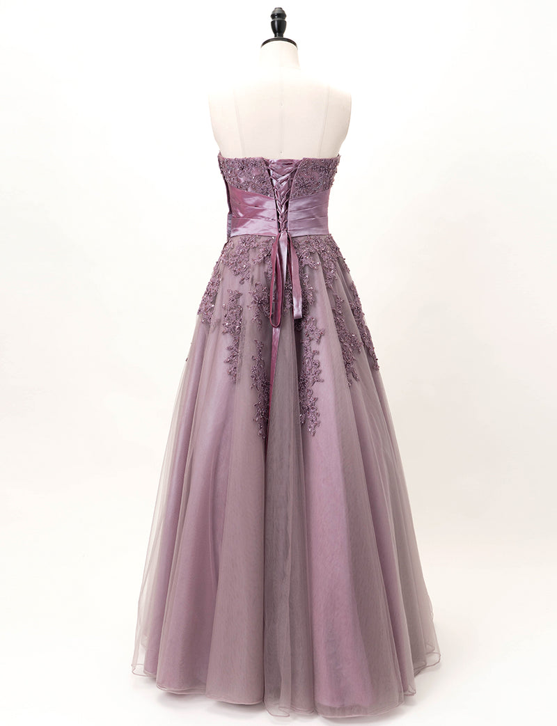 TWEED DRESS(ツイードドレス)のパープルグレーロングドレス・チュール｜TB1741-PEGYのトルソー全身背面画像です。
