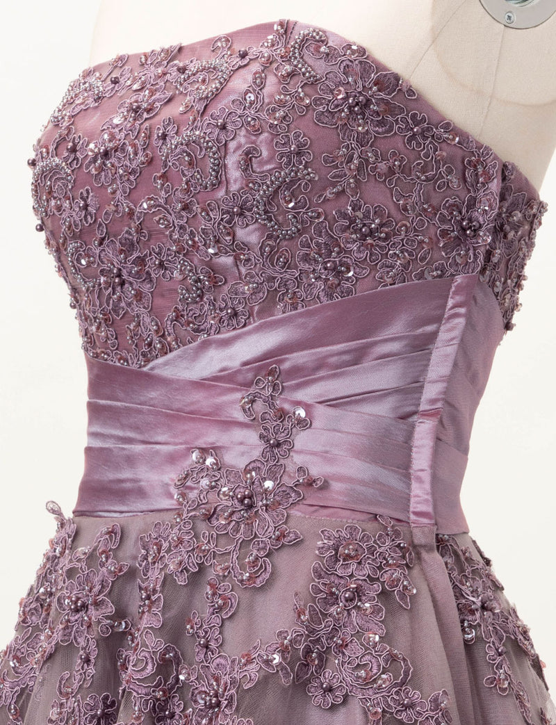 TWEED DRESS(ツイードドレス)のパープルグレーロングドレス・チュール｜TB1741-PEGYのトルソー上半身斜め画像です。