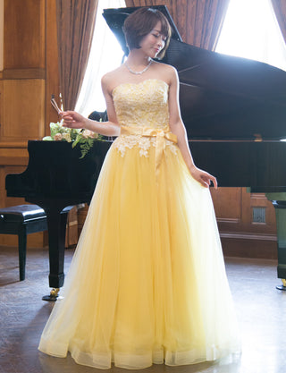 TWEED DRESS(ツイードドレス)のレモンイエローロングドレス・チュール｜TB1746-LYWの全身正面画像です。