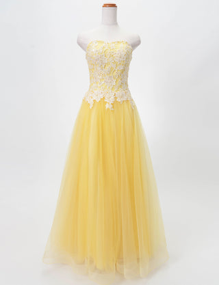 TWEED DRESS(ツイードドレス)のレモンイエローロングドレス・チュール｜TB1746-LYWのトルソー全身正面画像です。