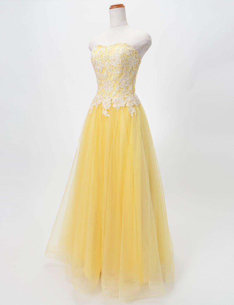 TWEED DRESS(ツイードドレス)のレモンイエローロングドレス・チュール｜TB1746-LYWのトルソー全身斜め画像です。
