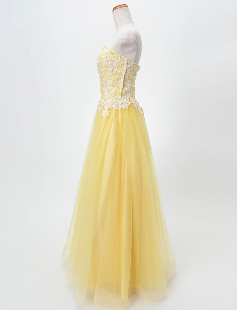 TWEED DRESS(ツイードドレス)のレモンイエローロングドレス・チュール｜TB1746-LYWのトルソー全身側面画像です。