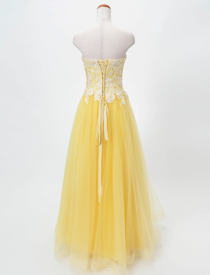 TWEED DRESS(ツイードドレス)のレモンイエローロングドレス・チュール｜TB1746-LYWのトルソー全身背面画像です。