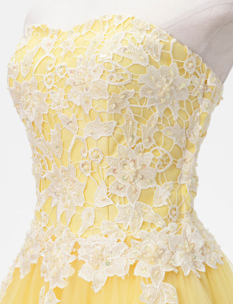 TWEED DRESS(ツイードドレス)のレモンイエローロングドレス・チュール｜TB1746-LYWのトルソー上半身斜め画像です。