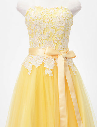 TWEED DRESS(ツイードドレス)のレモンイエローロングドレス・チュール｜TB1746-LYWのトルソー上半身正面付属サッシュベルト着用画像です。