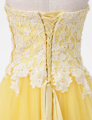 TWEED DRESS(ツイードドレス)のレモンイエローロングドレス・チュール｜TB1746-LYWのトルソー上半身背面画像です。