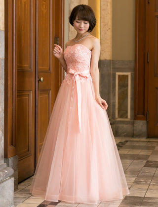 TWEED DRESS(ツイードドレス)のペールピンクロングドレス・チュール｜TB1746-PPKの全身斜め画像です。