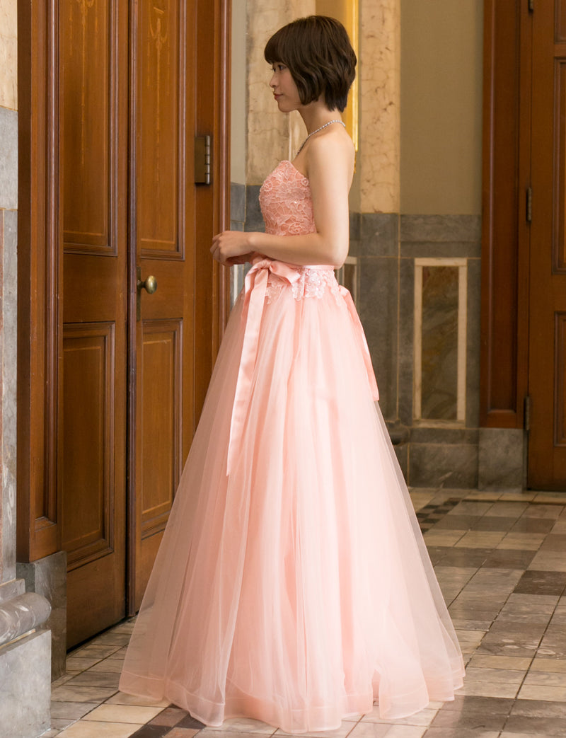 TWEED DRESS(ツイードドレス)のペールピンクロングドレス・チュール｜TB1746-PPKの全身側面画像です。