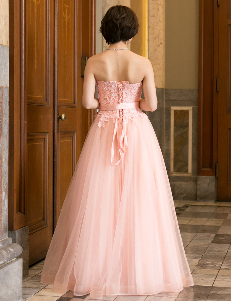 TWEED DRESS(ツイードドレス)のペールピンクロングドレス・チュール｜TB1746-PPKの全身背面画像です。
