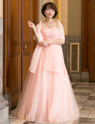 TWEED DRESS(ツイードドレス)のペールピンクロングドレス・チュール｜TB1746-PPKの全身正面ストール着用画像です。