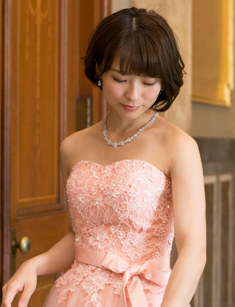 TWEED DRESS(ツイードドレス)のペールピンクロングドレス・チュール｜TB1746-PPKの上半身斜め画像です。