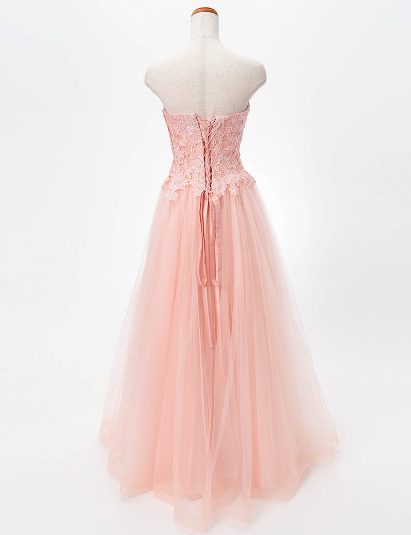 TWEED DRESS(ツイードドレス)のペールピンクロングドレス・チュール｜TB1746-PPKのトルソー全身背面画像です。