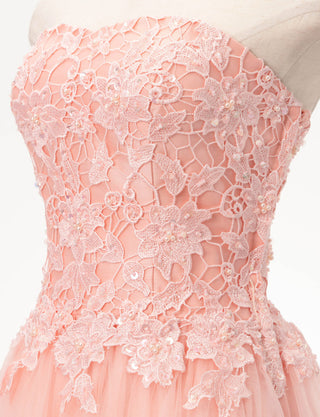 TWEED DRESS(ツイードドレス)のペールピンクロングドレス・チュール｜TB1746-PPKのトルソー上半身斜め画像です。