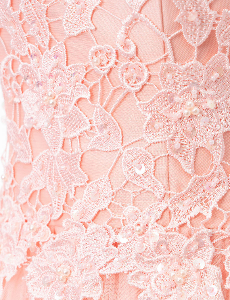 TWEED DRESS(ツイードドレス)のペールピンクロングドレス・チュール｜TB1746-PPKの上半身装飾拡大画像です。