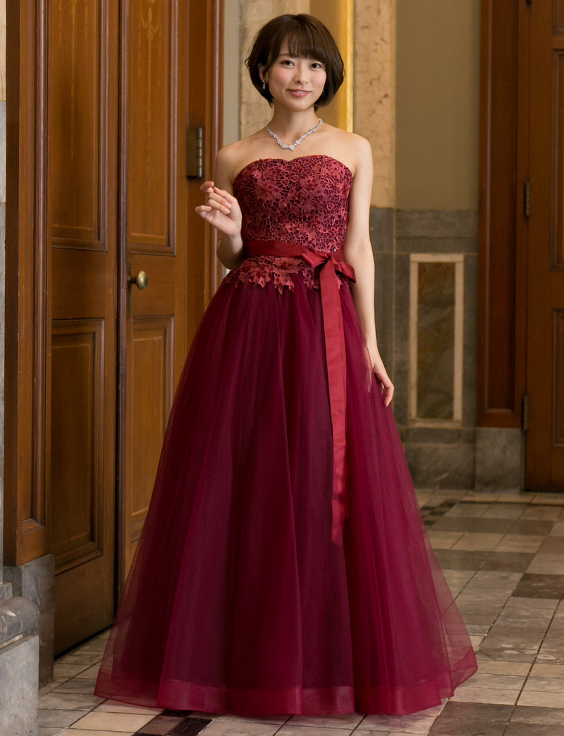 TWEED DRESS(ツイードドレス)のワインレッドロングドレス・チュール｜TB1746-WRDの全身正面画像です。