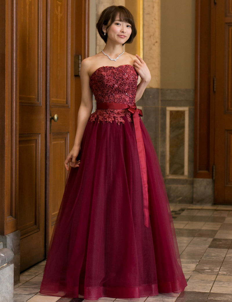 TWEED DRESS(ツイードドレス)のワインレッドロングドレス・チュール｜TB1746-WRDの全身正面画像です。