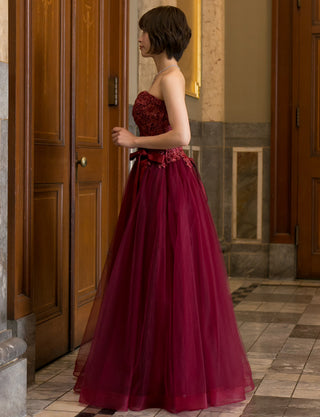 TWEED DRESS(ツイードドレス)のワインレッドロングドレス・チュール｜TB1746-WRDの全身側面画像です。