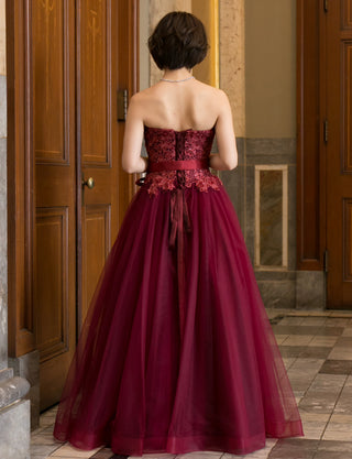 TWEED DRESS(ツイードドレス)のワインレッドロングドレス・チュール｜TB1746-WRDの全身背面画像です。