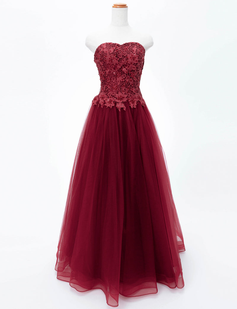 TWEED DRESS(ツイードドレス)のワインレッドロングドレス・チュール｜TB1746-WRDのトルソー全身正面画像です。