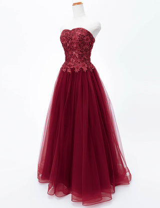 TWEED DRESS(ツイードドレス)のワインレッドロングドレス・チュール｜TB1746-WRDのトルソー全身斜め画像です。