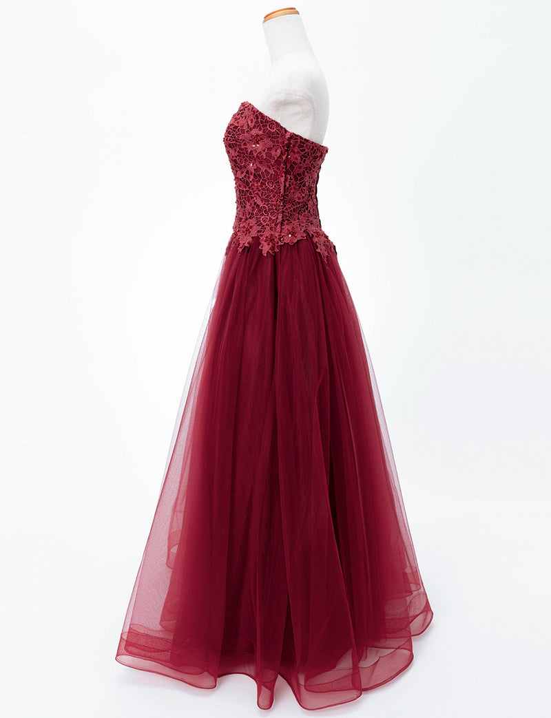 TWEED DRESS(ツイードドレス)のワインレッドロングドレス・チュール｜TB1746-WRDのトルソー全身側面画像です。