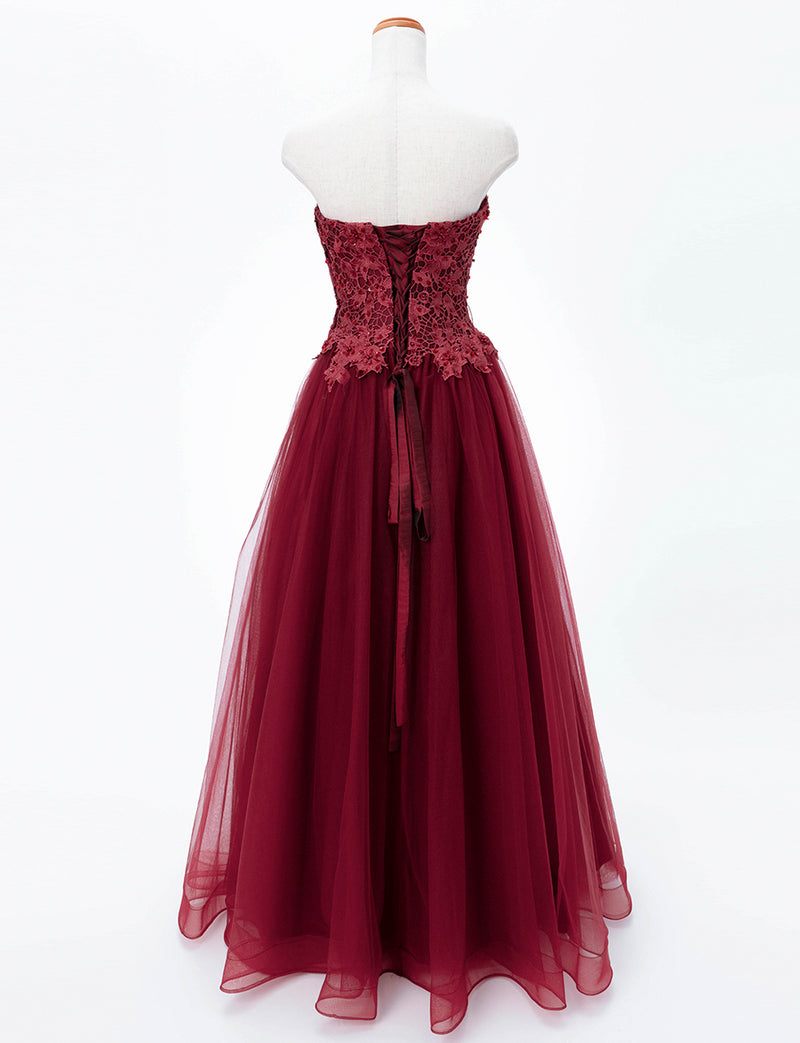 TWEED DRESS(ツイードドレス)のワインレッドロングドレス・チュール｜TB1746-WRDのトルソー全身背面画像です。