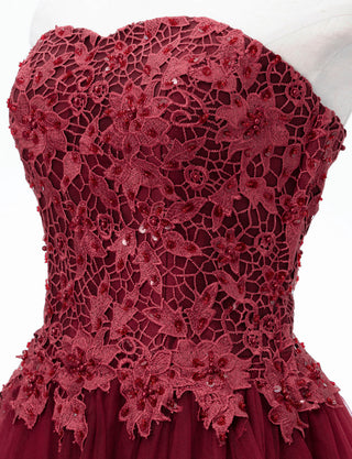 TWEED DRESS(ツイードドレス)のワインレッドロングドレス・チュール｜TB1746-WRDのトルソー上半身斜め画像です。