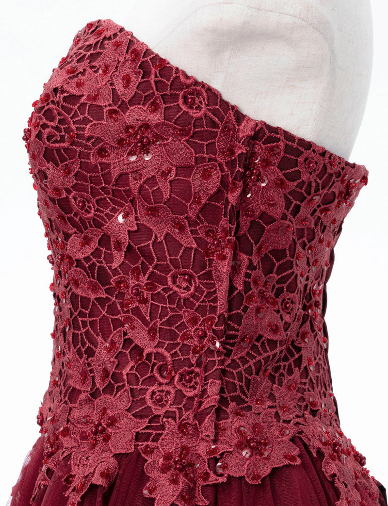 TWEED DRESS(ツイードドレス)のワインレッドロングドレス・チュール｜TB1746-WRDのトルソー上半身側面画像です。