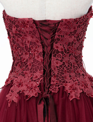 TWEED DRESS(ツイードドレス)のワインレッドロングドレス・チュール｜TB1746-WRDのトルソー上半身背面画像です。