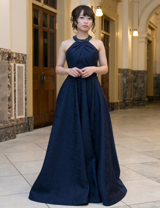 TWEED DRESS(ツイードドレス)のダークネイビーロングドレス・ジャガード｜TB1747-DNYの全身正面画像です。