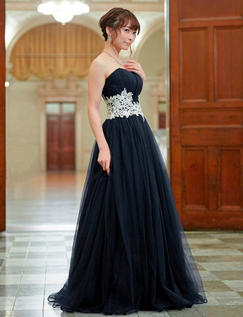 TWEED DRESS(ツイードドレス)のダークネイビーロングドレス・チュール｜TB1751-DNYの全身斜め画像です。