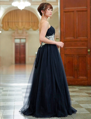 TWEED DRESS(ツイードドレス)のダークネイビーロングドレス・チュール｜TB1751-DNYの全身側面画像です。
