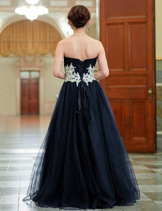 TWEED DRESS(ツイードドレス)のダークネイビーロングドレス・チュール｜TB1751-DNYの全身背面画像です。