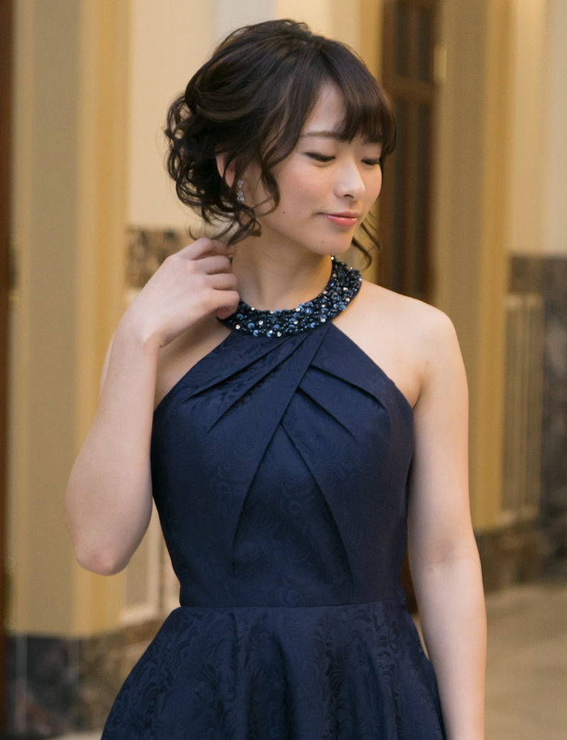 TWEED DRESS(ツイードドレス)のダークネイビーロングドレス・ジャガード｜TB1747-DNYの上半身正面画像です。