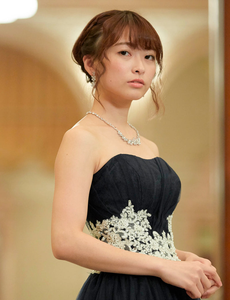 TWEED DRESS(ツイードドレス)のダークネイビーロングドレス・チュール｜TB1751-DNYの上半身斜め画像です。