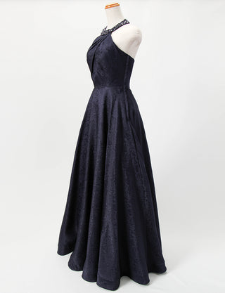 TWEED DRESS(ツイードドレス)のダークネイビーロングドレス・ジャガード｜TB1747-DNYのトルソー全身斜め画像です。