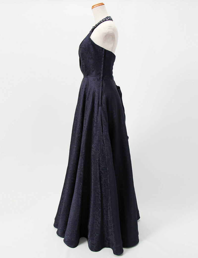 TWEED DRESS(ツイードドレス)のダークネイビーロングドレス・ジャガード｜TB1747-DNYのトルソー全身側面画像です。