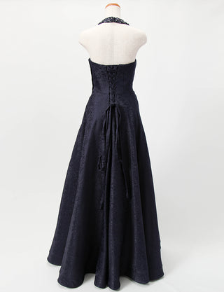 TWEED DRESS(ツイードドレス)のダークネイビーロングドレス・ジャガード｜TB1747-DNYのトルソー全身背面画像です。