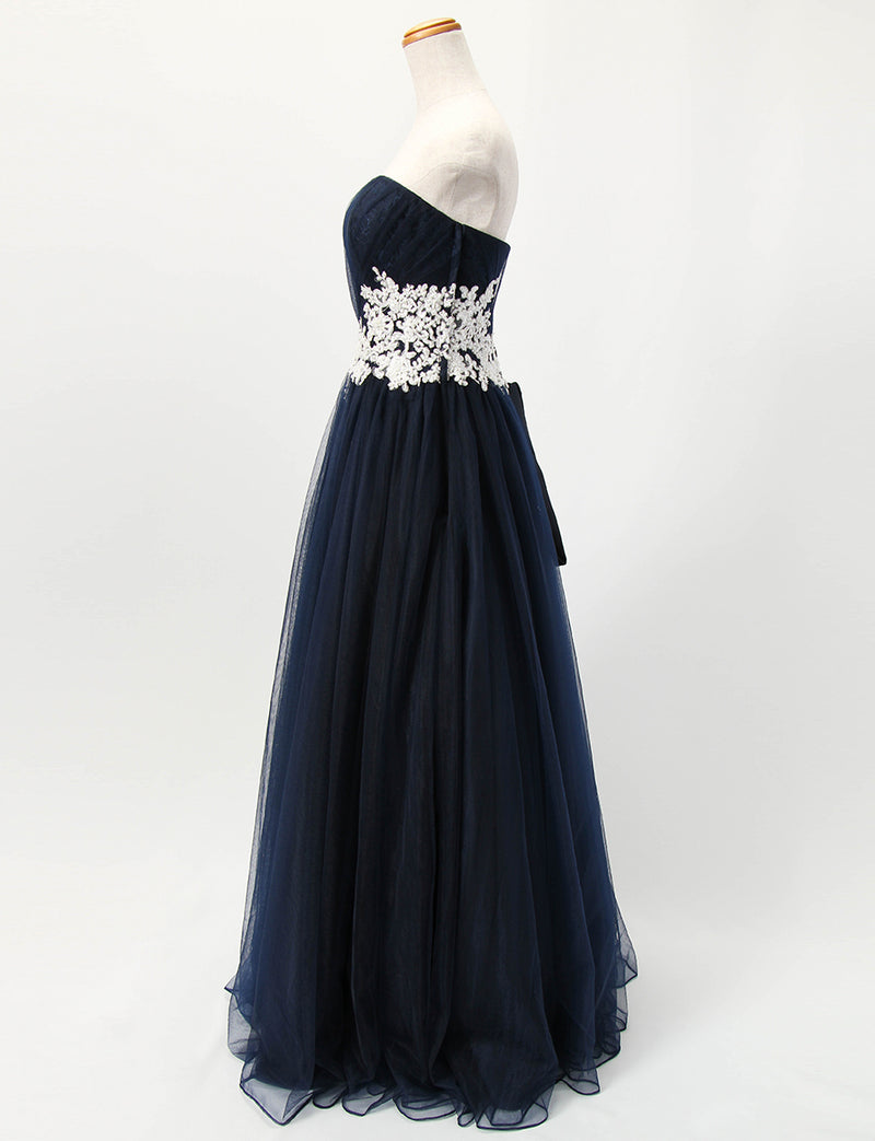 TWEED DRESS(ツイードドレス)のダークネイビーロングドレス・チュール｜TB1751-DNYのトルソー全身側面画像です。