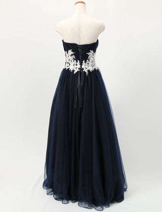 TWEED DRESS(ツイードドレス)のダークネイビーロングドレス・チュール｜TB1751-DNYのトルソー全身背面画像です。
