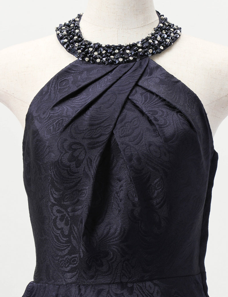 TWEED DRESS(ツイードドレス)のダークネイビーロングドレス・ジャガード｜TB1747-DNYのトルソー上半身正面画像です。