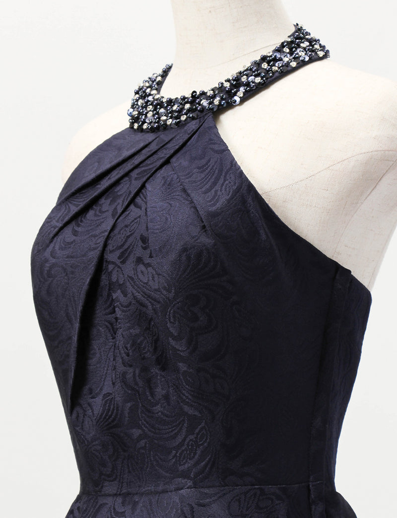 TWEED DRESS(ツイードドレス)のダークネイビーロングドレス・ジャガード｜TB1747-DNYのトルソー上半身斜め画像です。