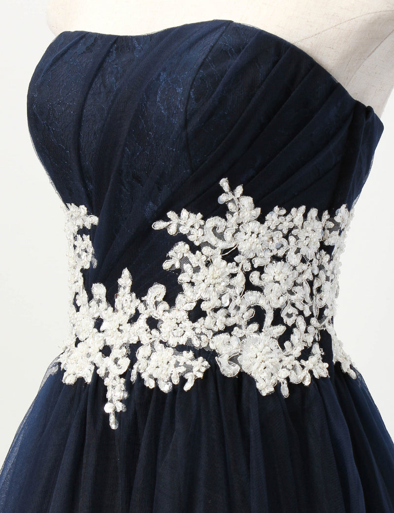 TWEED DRESS(ツイードドレス)のダークネイビーロングドレス・チュール｜TB1751-DNYのトルソー上半身斜め画像です。