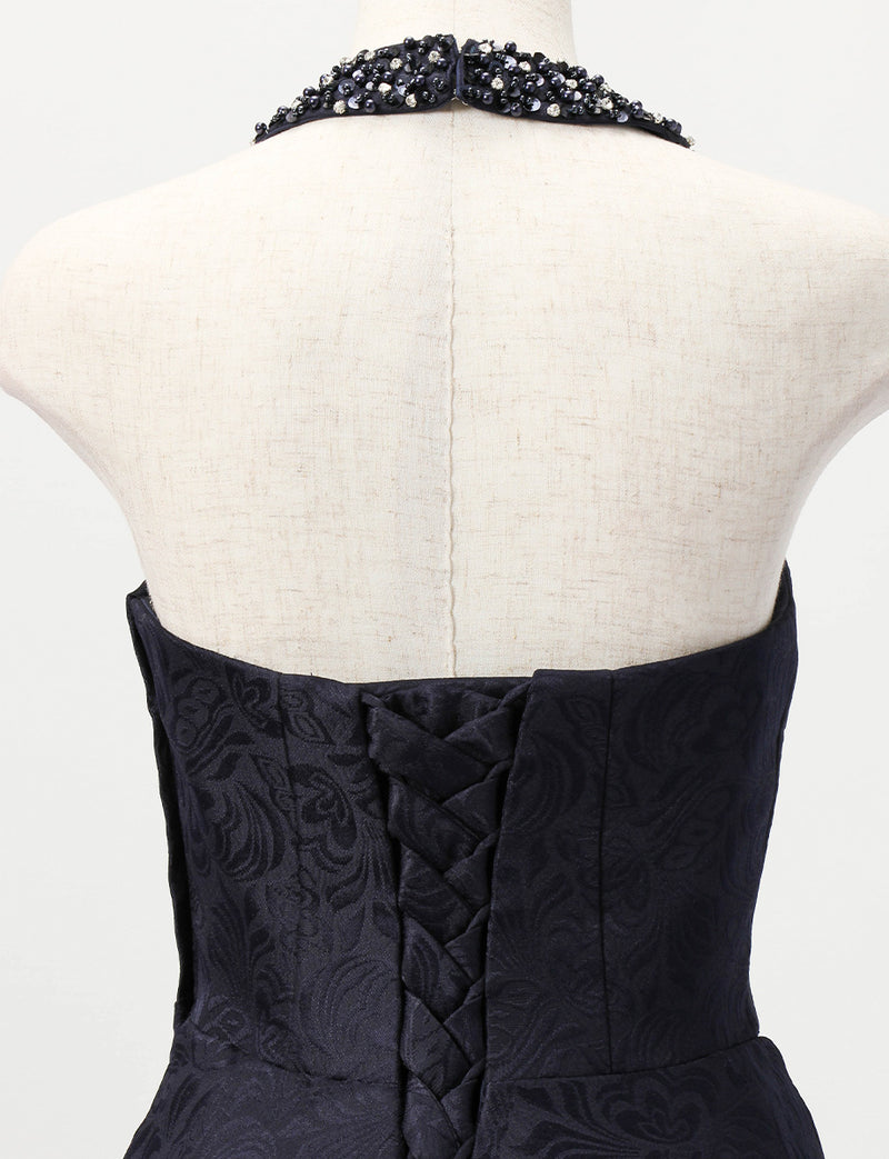 TWEED DRESS(ツイードドレス)のダークネイビーロングドレス・ジャガード｜TB1747-DNYのトルソー上半身背面画像です。